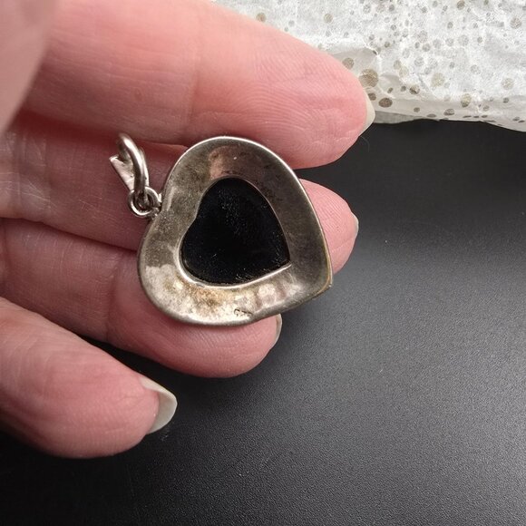 Vintage Heart-Shaped Marcasite & 925 Sterling Silver Pendant With Black Stone - Picture 11 of 11